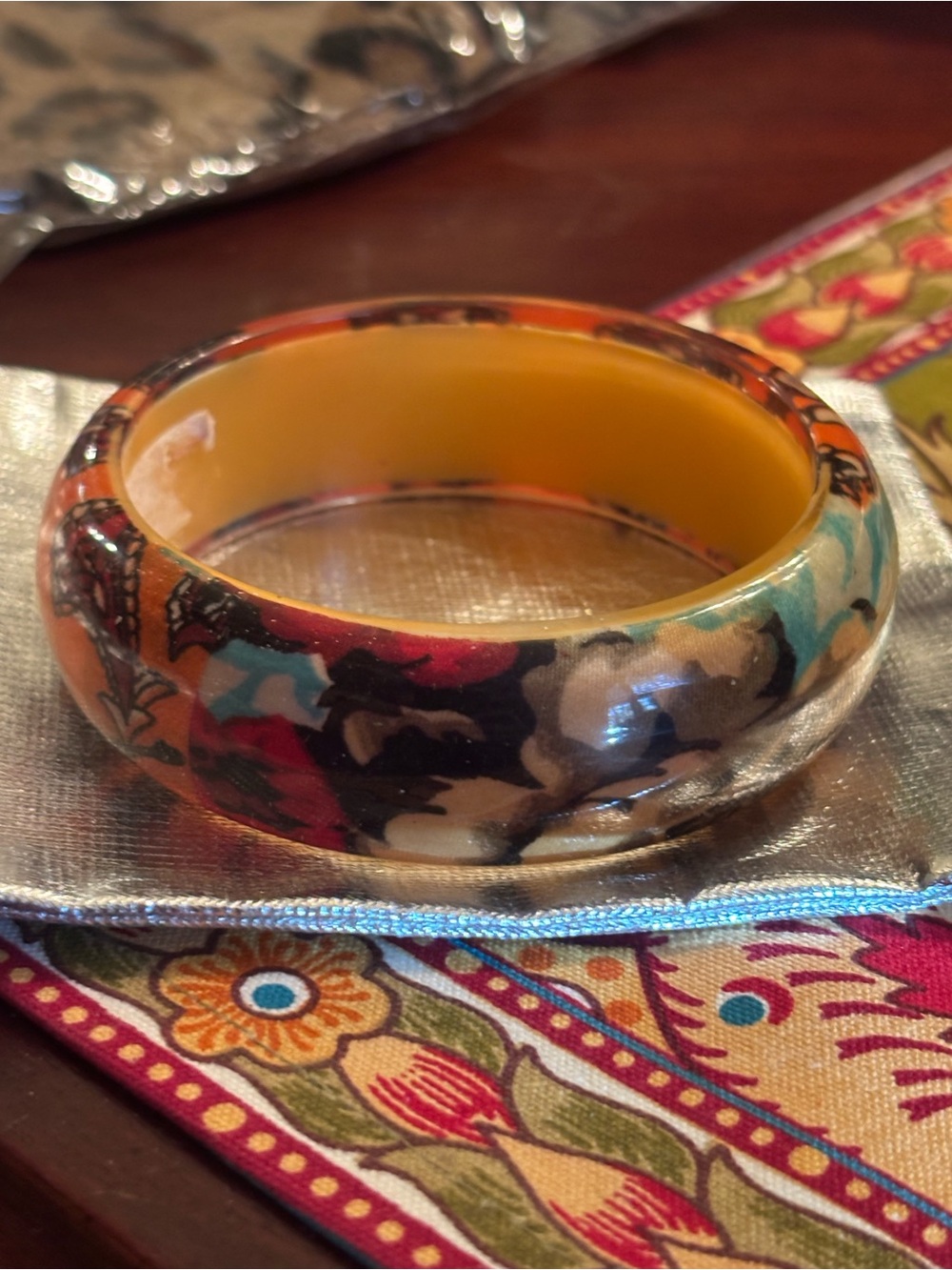 Floral Pattern Resin Bangle Bracelet in Mustard Yellow